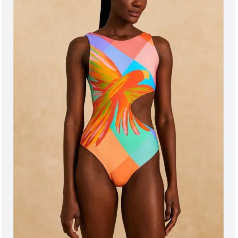 FARM Rio Painted Birds Plaid Cut Out One-Piece Swimsuit NWT